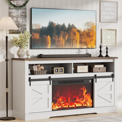 JUMMICO Fireplace TV Stand for 65+ Inch TV with 26'' Fireplace Entertainment Center with Storage Cabinet and Adjustable Shelves Media Console with Sliding Barn Door for Living Room (Bright White)