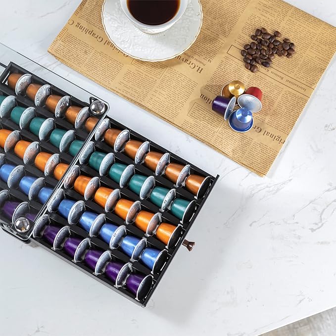 ZCDCP Coffee Pod Holder, Black Nespresso Original Pod Holder, Coffee Capsule Storage Drawer with Crystal Tempered Glass Top, 50 Pods