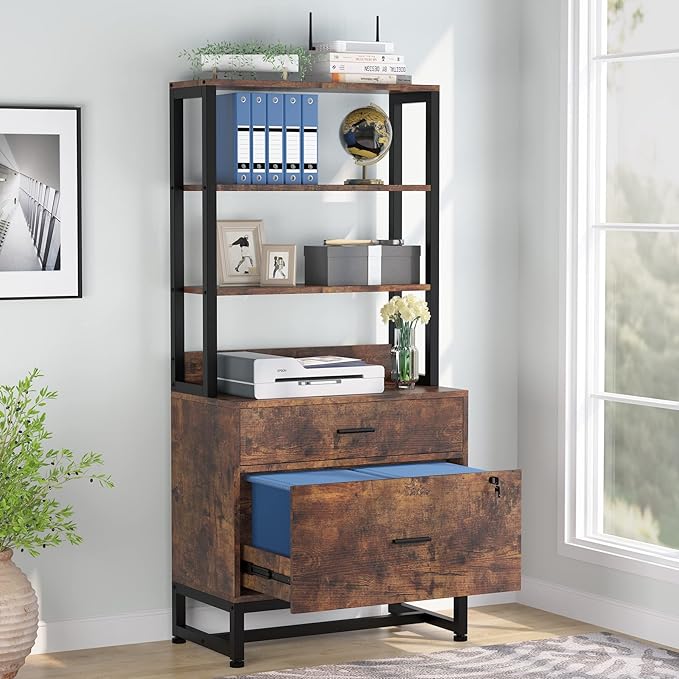 Tribesigns 2 Drawer Vertical File Cabinet with Lock & Bookshelf, Letter Size Large Modern Filing Cabinet Printer Stand with Open Storage Shelves for Home Office, Dark Brown
