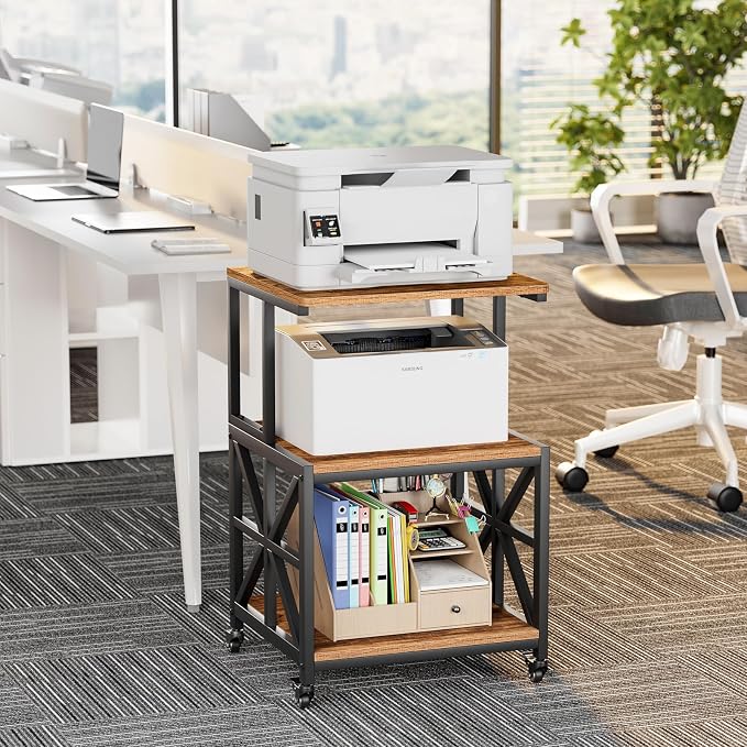 GreenForest Printer Stand with Lockable Wheels, Heavy Duty Printer Table | 3-Tier Storage Shelf, Fit 2-3 Printers/3d/Heat Press/Laser, Rolling Cart for Home Office, Small Spaces, 19.7"x17.7", Walnut