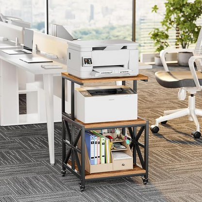 GreenForest Printer Stand with Lockable Wheels, Heavy Duty Printer Table | 3-Tier Storage Shelf, Fit 2-3 Printers/3d/Heat Press/Laser, Rolling Cart for Home Office, Small Spaces, 19.7"x17.7", Walnut