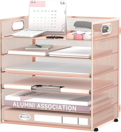 Daltack 6 Tier Paper Organizer for Desk, Paper Letter Tray Organizer for Desks, Mesh Desk File Organizers with Handle for Office, Home, School, Rose Gold