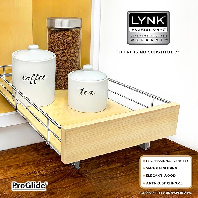 LYNK PROFESSIONAL® SELECT™ Slide Out Cabinet Organizer Pull Out Drawer, 11" x 21" Pull Out Cabinet Organizer – Pull Out Shelves for Kitchen Cabinets – Roll Out - Lifetime Ltd. Warranty, Wood Chrome