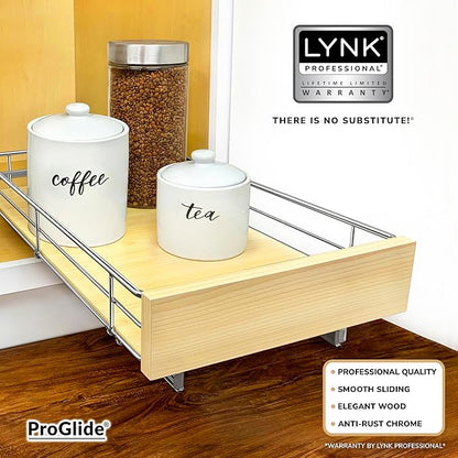 LYNK PROFESSIONAL® SELECT™ Slide Out Cabinet Organizer Pull Out Drawer, 11" x 21" Pull Out Cabinet Organizer – Pull Out Shelves for Kitchen Cabinets – Roll Out - Lifetime Ltd. Warranty, Wood Chrome