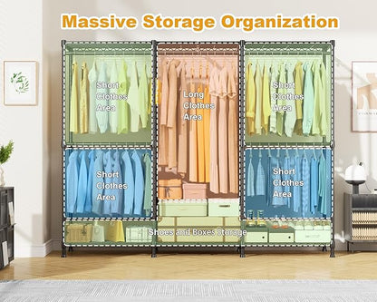 E14C Heavy Duty Closet Organizer System，Freestanding Clothing Racks for Hanging Clothes，Adjustable Garment Rack 70.1" W × 16.6" D × 76.4" H Hold 960 lbs，Black Rack with Black Dustproof Cover