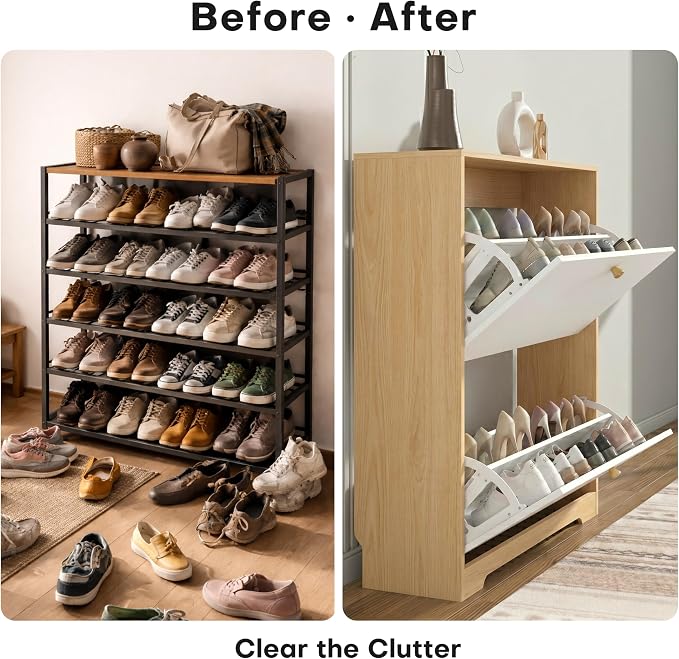 Nicetree Shoe Cabinet with 2 Flip Drawers, Narrow Shoe Organizer Cabinet, Freestanding Shoe Rack Cabinet, Modern Shoe Storage Cabinet for Entryway, Hallway, Foyer, Natural Oak and White with Hook