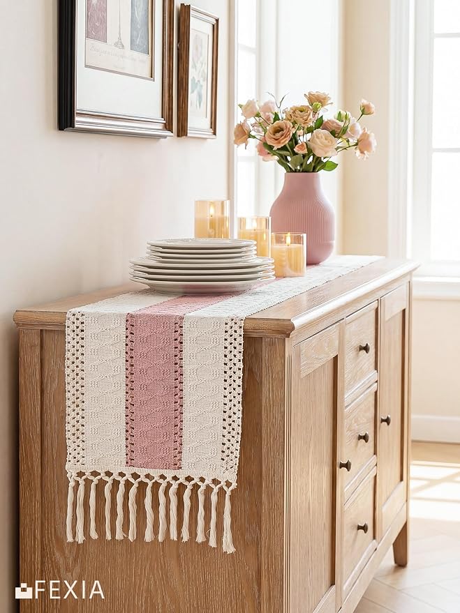 FEXIA Boho Table Runner Summer Home Decor with Tassels 72 Inches Long Pink Farmhouse Rustic Table Runner Burlap Centerpieces for Tables Decoration for Living Room (12x72 Inches)