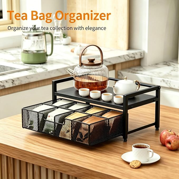 Tea Bag Organizer, Tea Bag Holder with Drawer, Wood and Metal Tea Organizers and Storage Chest for Countertop Kitchen, Office, Black
