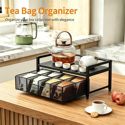 Tea Bag Organizer, Tea Bag Holder with Drawer, Wood and Metal Tea Organizers and Storage Chest for Countertop Kitchen, Office, Black