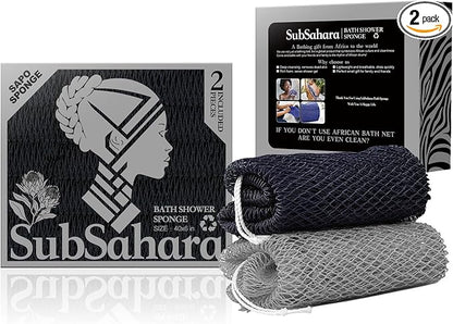 SubSahara Authentic African Net Sponge - 2 Pack Exfoliating Bath & Shower Loofah Sponge for Body & Face, Gentle Scrubber for All Skin Types, Travel, Durable (Black & Grey)