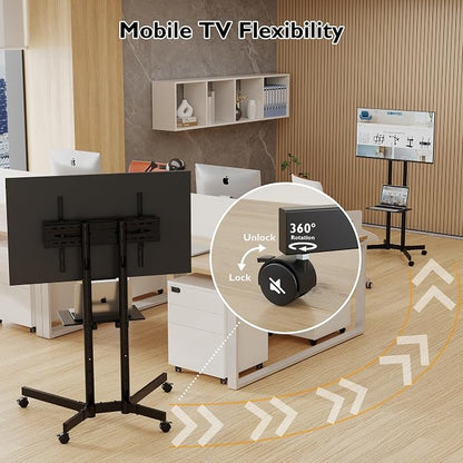 BONTEC Rolling TV Stand with Tilt, Mobile TV Cart for 32–85 Inch LED LCD OLED Flat & Curved TVs, Portable Stand with Laptop Shelf, Locking Wheels, Outdoor TV Stand Holds 132 lbs, Max VESA 600x400mm