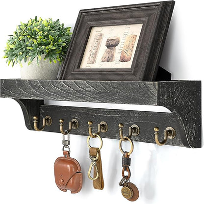 Rebee Vision Farmhouse Key Holder Wall Mount – Rustic Key Holder for Wall with Shelf for Plants & Small Home Decor – Stylish Entryway Organizer for Home & Apartment (Old Black)