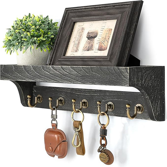 Rebee Vision Farmhouse Key Holder Wall Mount – Rustic Key Holder for Wall with Shelf for Plants & Small Home Decor – Stylish Entryway Organizer for Home & Apartment (Old Black)
