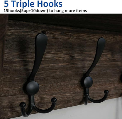 WEBI Coat Rack Wall Mount with Shelf,24" Long Wall Shelf with Hooks Underneath,5 Triple Hooks for Entryway,Hallway,Bedroom,Weathered Brown