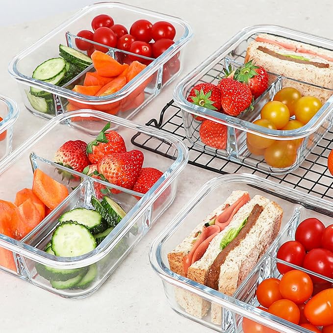 KOMUEE Glass Meal Prep Containers 3 Compartments, 5 Pack 36 oz, Glass Food Storage Containers with Lids, Airtight Lunch Bento Box, Portion Control, Freezer and Microwave Safe, Green