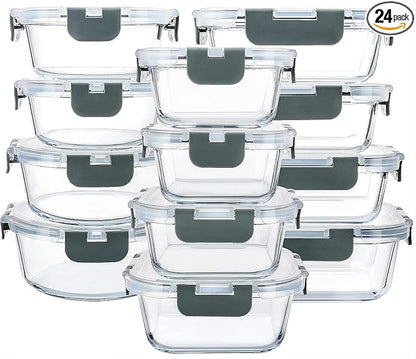 M MCIRCO 24-Piece Glass Food Storage Containers with Upgraded Snap Locking Lids,Glass Meal Prep Containers Set - Airtight Lunch Containers, Microwave, Oven, Freezer and Dishwasher