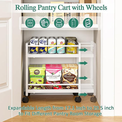 2-Tier Expandable Rolling Pantry Cart with Wheels, Adjustable Floor Organizer for Kitchen Pantry, Can Organizer for Pantry, Storage Cart for Snack, Food, Vegetables, White, Patent Pending