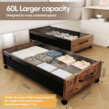 KITHELP Wooden Under Bed Storage with Wheels, Rolling Under the Bed Storage Bins with Removable Lid, Metal Under Bed Drawers for Clothes and Shoes in Bedroom or Living Room(Black Wood-1pack)