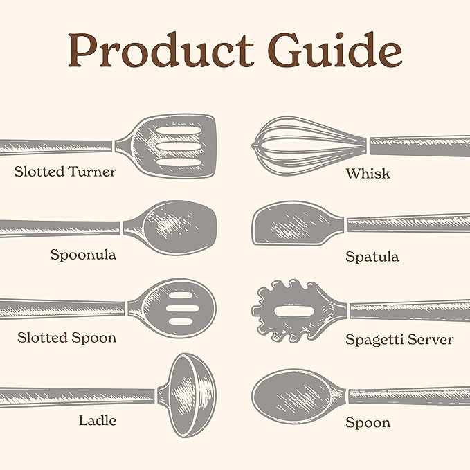 Country Kitchen Non Stick Silicone Utensil Set with Rounded Wood Handles for Cooking and Baking, 8 Piece Set, White