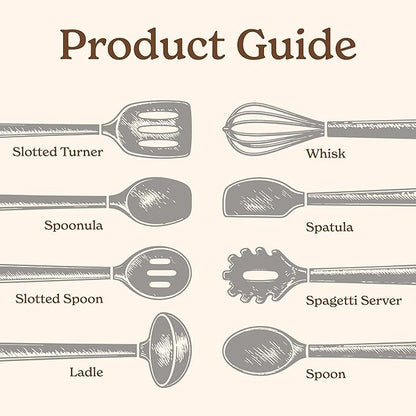 Country Kitchen Non Stick Silicone Utensil Set with Rounded Wood Handles for Cooking and Baking, 8 Piece Set, White