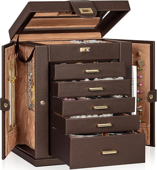 AKOZLIN 6-Tier Jewelry Box Organizer Functional 5 Drawers Leather Jewelry Storage Case for Women Girls Ring Necklace Earring Bracelet Holder Organizer with Mirror Brown 360° Rotating
