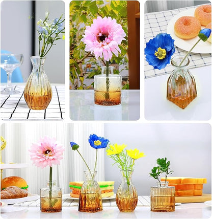 Mapoxy Glass Bud Vases Set of 4,Small Brown Flower Vases for Wedding Centerpiece Table Decorations,Clear Vintage Embossed Mini Vases,Flower Arrangements in Vases for Party or Home Decor