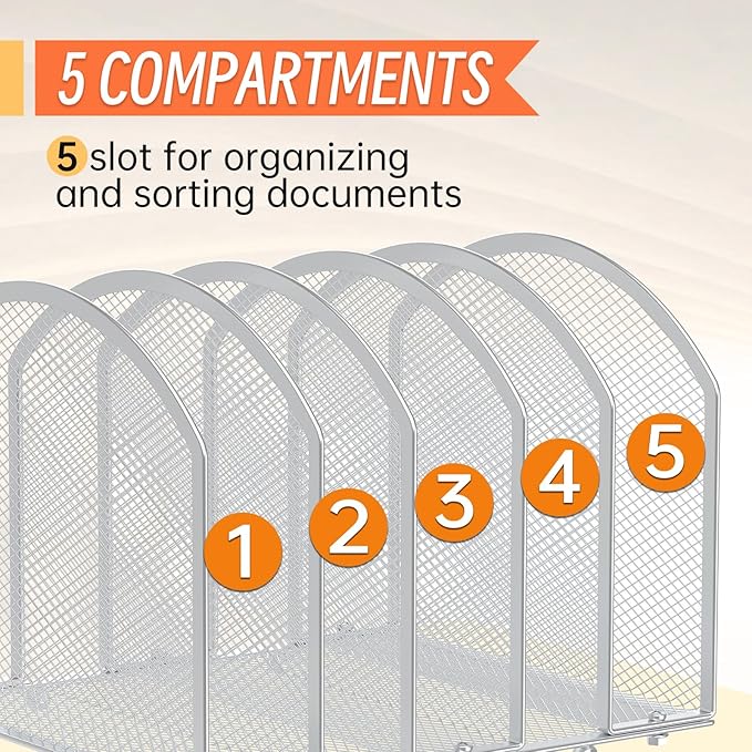 Desk File Organizer 5 Sections Desktop Organizer File Sorter Office Organization File Folder Holder for Office School & Classroom (Silver, 5 Section - 1Pack)