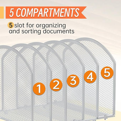 Desk File Organizer 5 Sections Desktop Organizer File Sorter Office Organization File Folder Holder for Office School & Classroom (Silver, 5 Section - 1Pack)