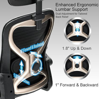 Ergonomic Office Chair, Mesh Desk Chair with Headrest, Lumbar Support, Thick Seat Cushion, Flip-up Arms, High Back Computer Task Chairs for Home Office (English, Black/Gold)