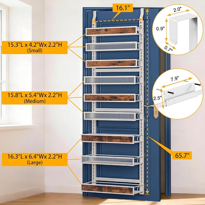 9 Tier Over the Door Pantry Organizer 2 IN 1 Hanging or Wall Mounted Spice Rack with Adjustable Basket,Heavy Duty Seasonning Storage Shelf for Kitchen Pantry and Bathroom White