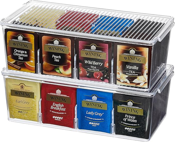 Lifewit Tea Bag Organizer with lids, Plastic Teabag Box with 16 Compartments, Stackable Divided Storage Containers for Cabinet, Pantry, Countertop, Sugar Packets, Clear, 29 cm/11.5 inch L, 2 Pack