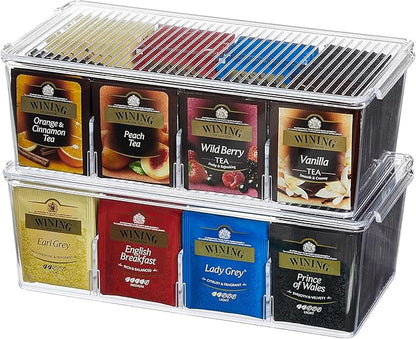 Lifewit Tea Bag Organizer with lids, Plastic Teabag Box with 16 Compartments, Stackable Divided Storage Containers for Cabinet, Pantry, Countertop, Sugar Packets, Clear, 29 cm/11.5 inch L, 2 Pack