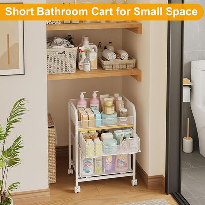 Yociyoga 3 Tier Rolling Cart with Drawers,Pantry Storage Cart with Wheels,Under Desk Storage Cart for Small Space,Pantry Floor Organizers and Storage,Metal Load-Bearing Utility Craft Cart,White