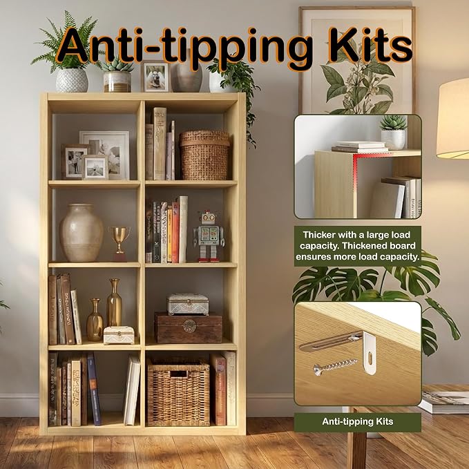 WannabeMyself【2026 Wooden Thick Frame】 8 Cube Storage Organizer with Anti-Tipping Kits, Reversible Open Back Book Shelf,Bookcase for Living Room,Bedroom,Entrance Hall,Office,11.6×48×24.6,Oak Color