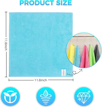Forggon 15pcs Microfiber Cleaning Cloth Lint Free, Absorbent, Streak Free, Non-Abrasive, Reusable and Washable，Cleaning Towels with 5 Color Assorted,11.5"X11.5"(Green/Blue/Yellow/Pink/Grey)