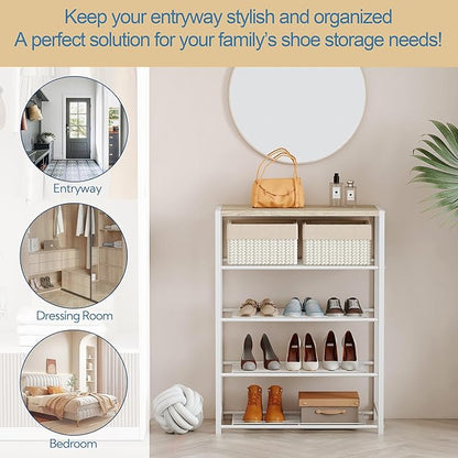 Yusong Shoe Rack Organizer, 5 Tier Industrial Shoe Storage Shelf, Narrow Sturdy Metal Shoe Shelves for Closet Entryway, White