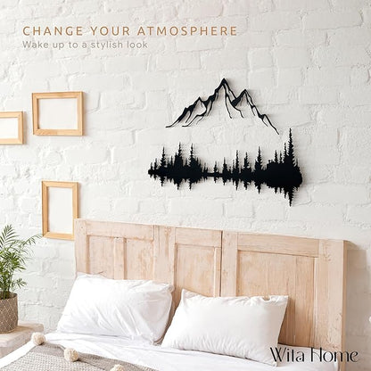 Wita Home Mountain and Forest Metal Wall Art, Wall Mounted Mountain Home Decor, Pine Trees Wall Art for Living Room, Bedroom or Office, Large Outdoor Wall Decor, Nature Christmas Decor (Black, 32x21 inches)