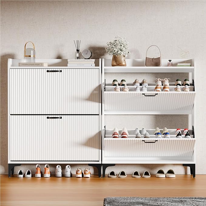 HIFYOBRO Fluted Shoe Cabinet with 2 Flip Drawers, Hidden Shoes Storage Cabinet, Modern Shoe Rack Organizer, Freestanding Narrow Shoes Organizer for Hallway, Entryway (White)