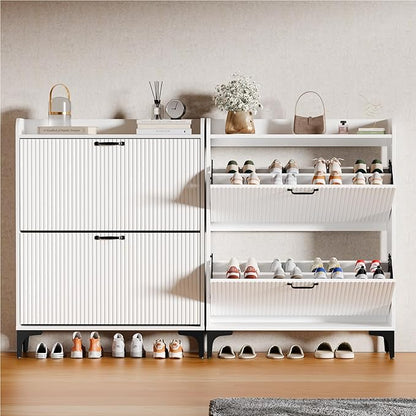 HIFYOBRO Fluted Shoe Cabinet with 2 Flip Drawers, Hidden Shoes Storage Cabinet, Modern Shoe Rack Organizer, Freestanding Narrow Shoes Organizer for Hallway, Entryway (White)