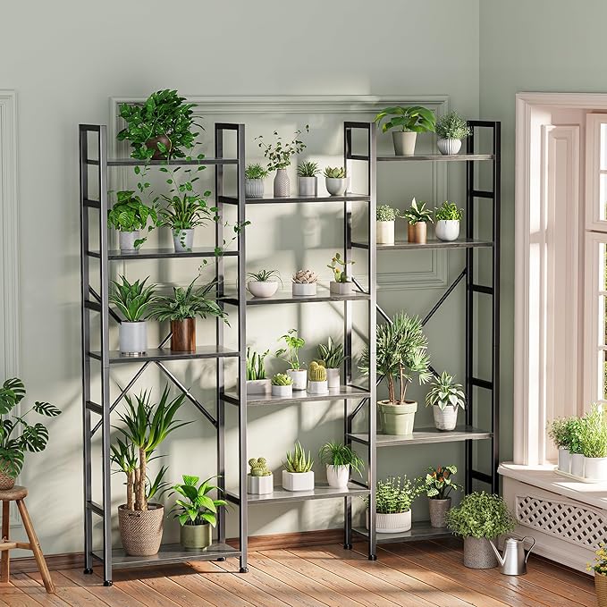 SUPERJARE Triple Bookshelf, Bookcase with 11 Open Display Shelves, Wide Book Shelf Book Case for Home & Office, 5 Tier, Grey