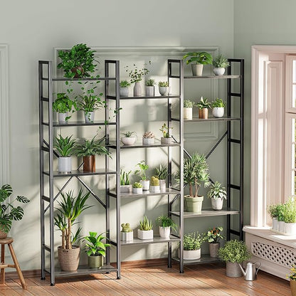 SUPERJARE Triple Bookshelf, Bookcase with 11 Open Display Shelves, Wide Book Shelf Book Case for Home & Office, 5 Tier, Grey