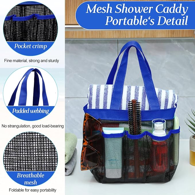 Hillban 4 Pcs Mesh Shower Caddy Portable Shower Caddy for Dorm Beach Mesh Bags with Deeper 8 Pockets and Handles Showers Caddies Basket for Women College Room Vacation(Blue)