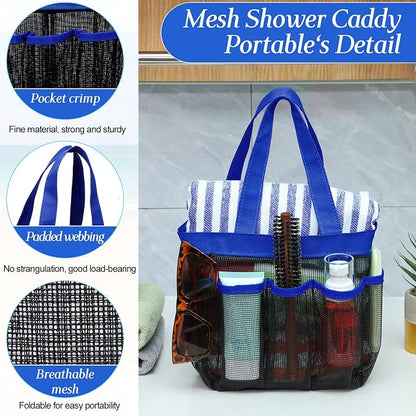 Hillban 4 Pcs Mesh Shower Caddy Portable Shower Caddy for Dorm Beach Mesh Bags with Deeper 8 Pockets and Handles Showers Caddies Basket for Women College Room Vacation(Blue)