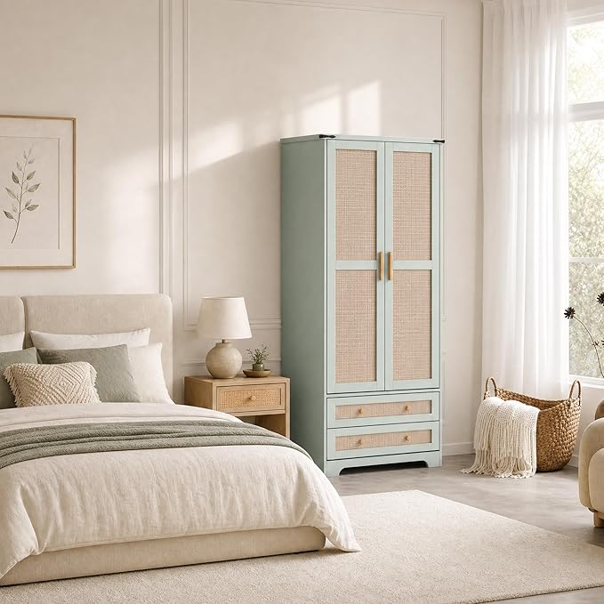 Brafab Armoire Wardrobe Closet with 2 Rattan Doors, 71" Vintage Blue Tall Freestanding Coat Closets with Drawers and Hanging Rail, Wooden Armoires Storage Cabinet with Shelf for Bedroom