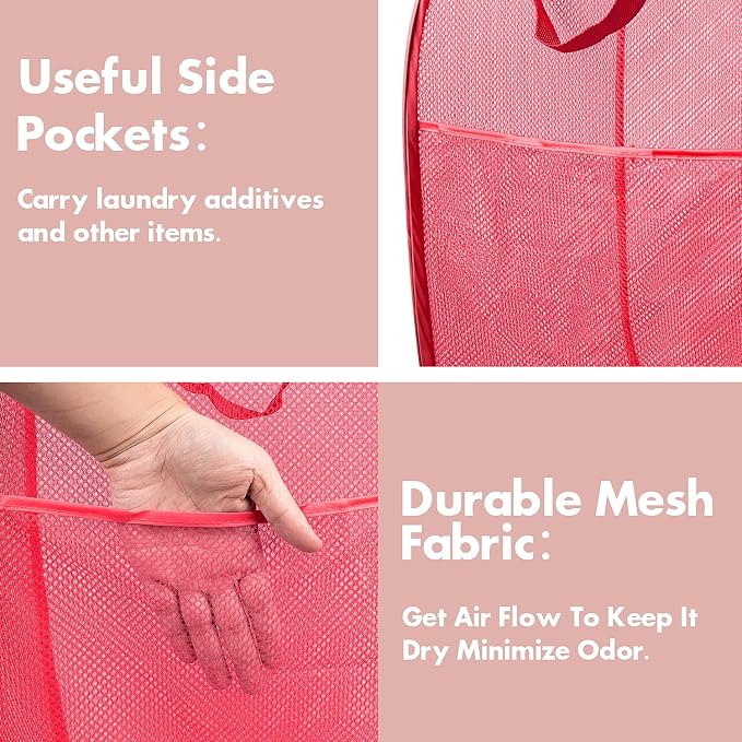 DUCOO Pop Up Laundry Hamper, 70L Collapsible Mesh Laundry Basket with Side Pocket, Foldable Dirty Clothes Hamper with Sturdy Reinforced Handles for Home Dorm Bedroom Travel Bathroom Storage, Red