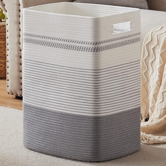 SIXDOVE Laundry Hamper, Large Woven Rope Tall Laundry Basket with Handles, 22" X 17" X 13", Decorative Storage Basket for Clothes and Blankets in Living room, Bedroom, Grey & White