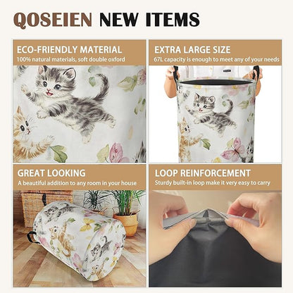 Cute Cats Laundry Hamper,Collapsible Laundry Baskets,Butterfly Floral Dirty Clothes Baskets with Handles,Oxford Cloth Hamper for Bedroom,Bathroom,College Dorms, 16"x20"
