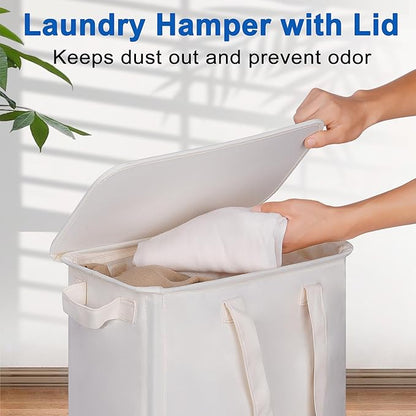 Vincona Slim Laundry Hamper with Lid and Wheels, Small Rolling Laundry Basket with Handle for Small Spaces, Tall Dirty Clothes Hampers for Dorm, Bathroom and Bedroom, 55L, Beige