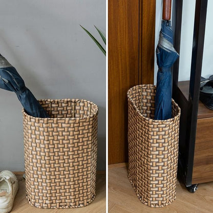 HAMOTOPI Umbrella Holder Entryway Umbrella Stand Indoor Entryway 6.7x17.3 Wicker Umbrella Bucket Basket Narrow Tall Umbrella Storage Bin Woven Faux Rattan Cane Holder Stands (Brown & Natural)