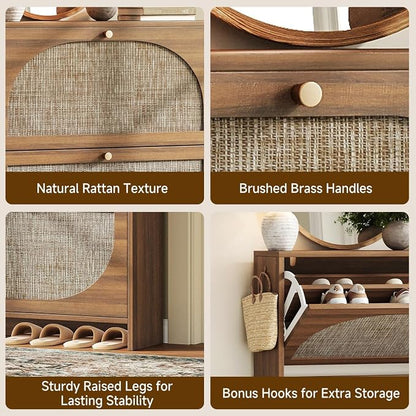 Nicetree Freestanding Ultra Slim Arched Rattan Accent Shoe Storage Cabinet for Entryway - 4 Flip Drawers & 3-Tier Adjustable Shelves, Farmhouse Modern Rustic Shoe Rack for Hallway, Foyer Oak